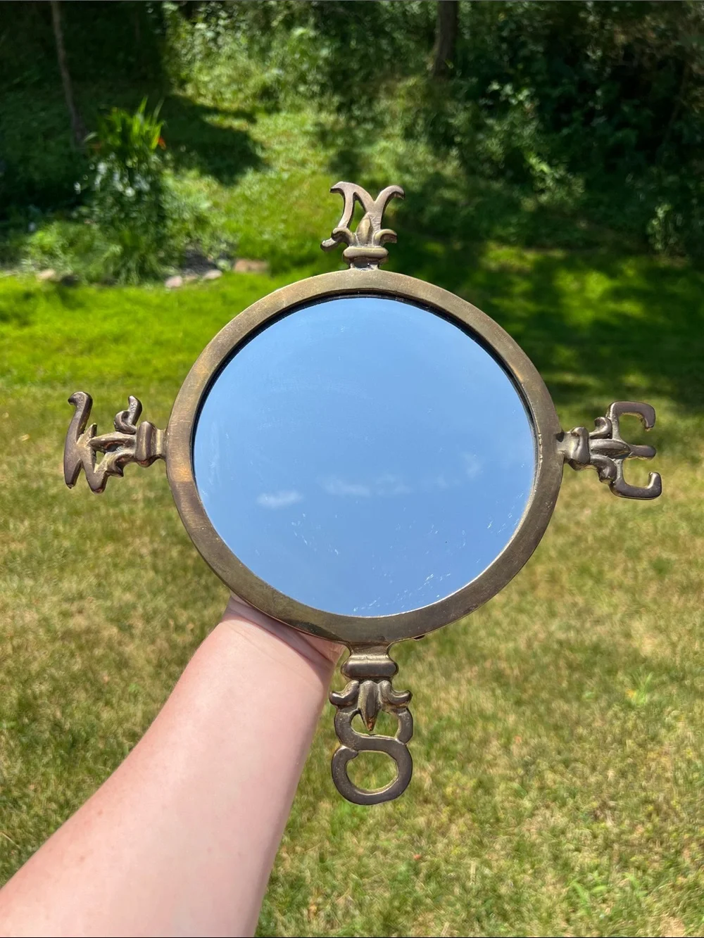 Vintage Antique Nautical Compass Directions Gold Brass Round Wall Mirror